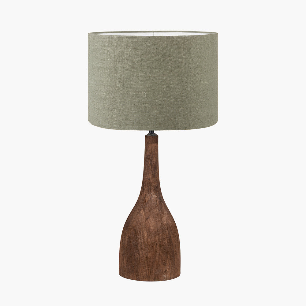 Corella Chocolate Brown Mango Wood Curved Table Lamp Base with Edward 40cm Pistachio Green Linen Cylinder Lampshade