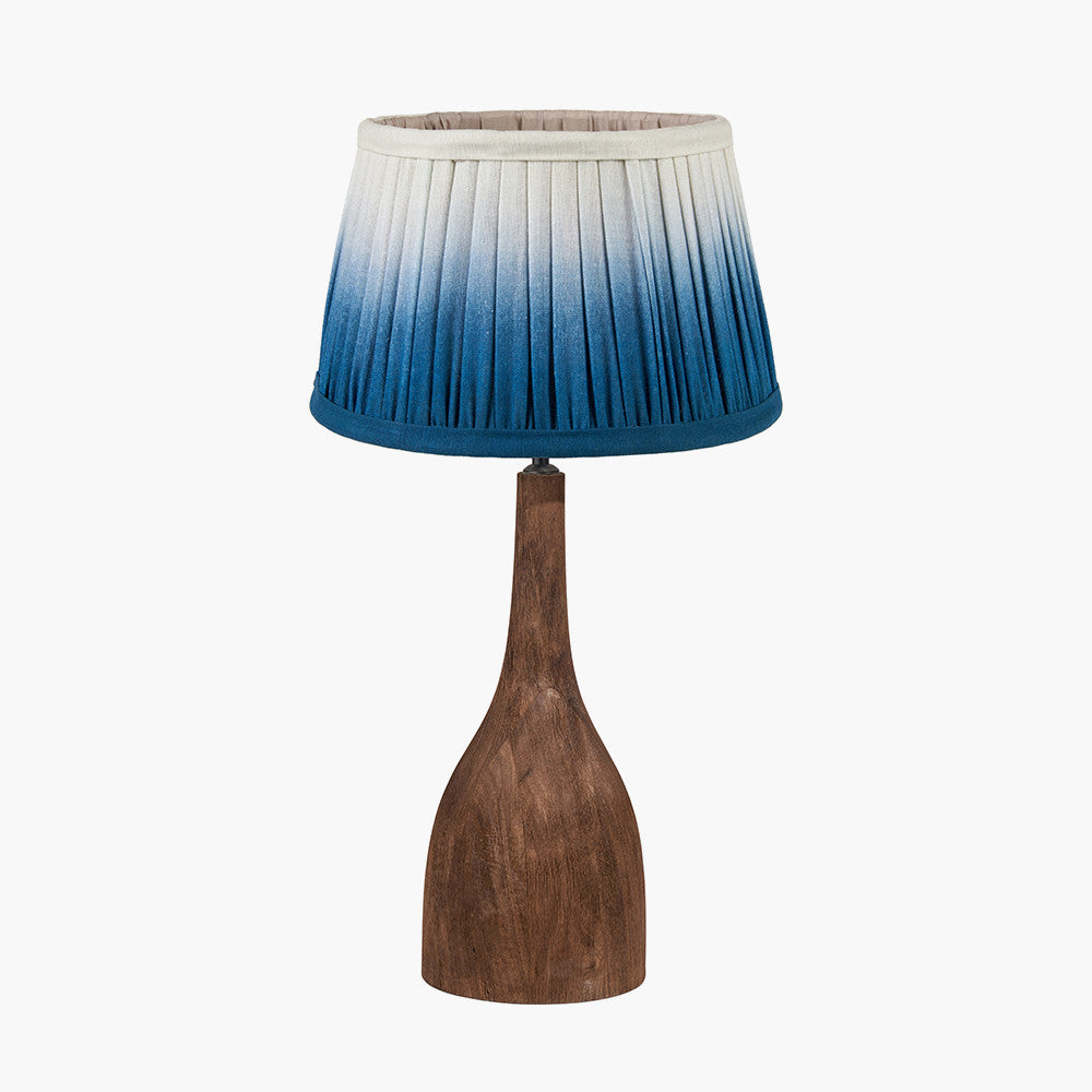 Corella Chocolate Brown Mango Wood Curved Table Lamp Base with Scallop 40cm Blue Ombre Soft Pleated Tapered Lampshade
