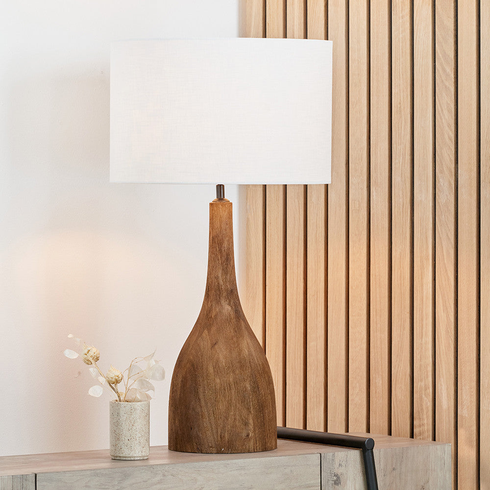 Corella Chocolate Brown Mango Wood Curved Table Lamp Base with Lino 40cm White Self Lined Linen Cylinder Lampshade