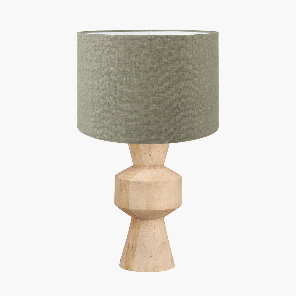 Koa Natural Mango Wood Contemporary Table Lamp Base with Edward 35cm Pistachio Green Linen Cylinder Lampshade