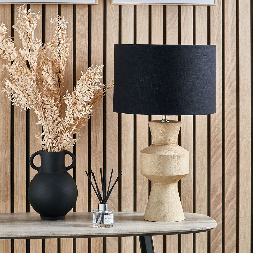 Koa Natural Mango Wood Contemporary Table Lamp Base with Lino 35cm Black Self Lined Linen Cylinder Lampshade