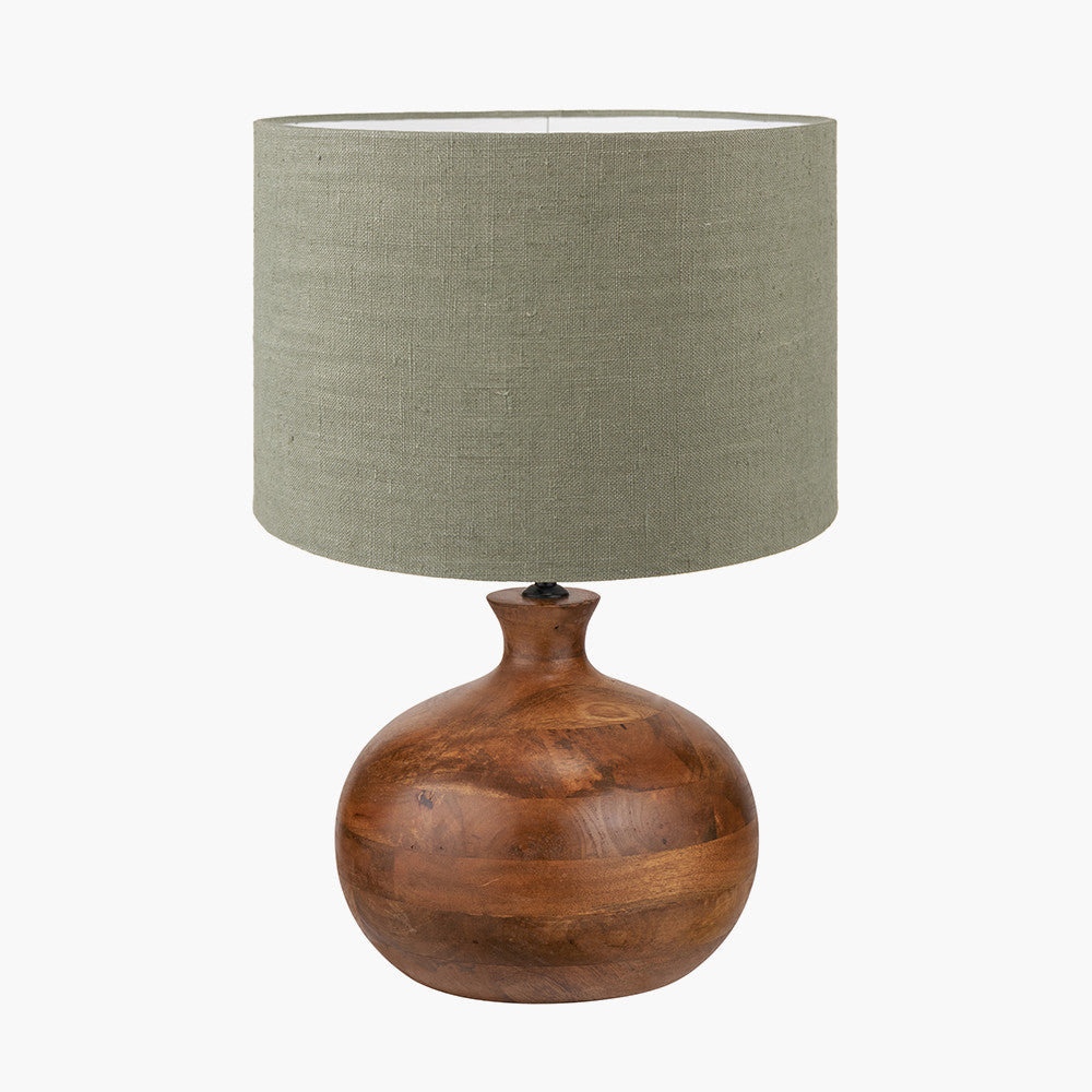 Kiah Brown Oiled Finish Mango Wood Round Table Lamp Base with Edward 40cm Pistachio Green Linen Cylinder Lampshade