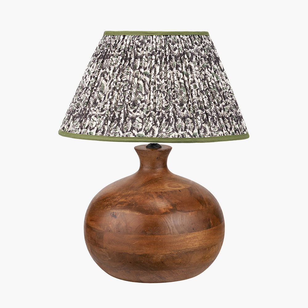 Kiah Brown Oiled Finish Mango Wood Round Table Lamp Base with Ornella 45cm Green Floral Design Mushroom Pleat Empire Lamp Shade