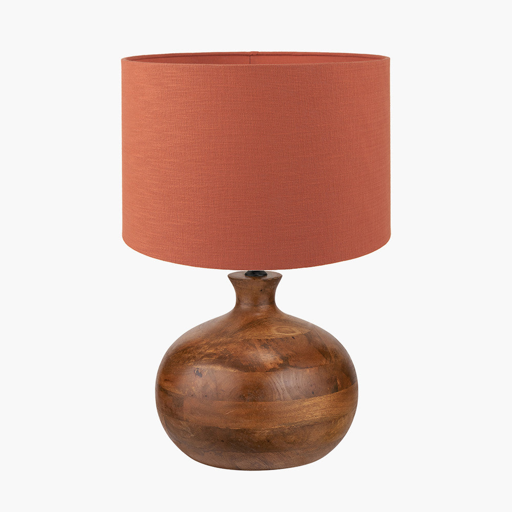 Kiah Brown Oiled Finish Mango Wood Round Table Lamp Base with Lino 40cm Cinnamon Self Lined Linen Cylinder Lampshade