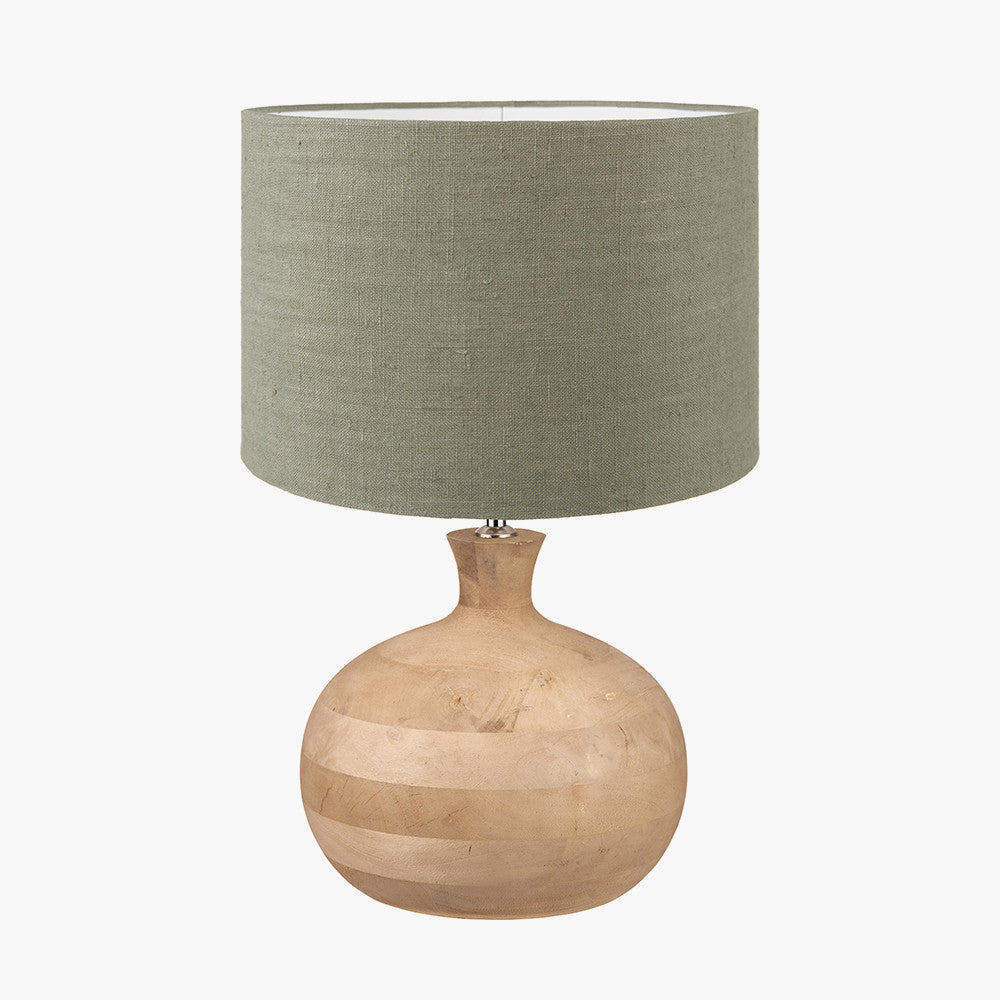 Kiah Natural Mango Wood Round Table Lamp Base with Edward 40cm Pistachio Green Linen Cylinder Lampshade
