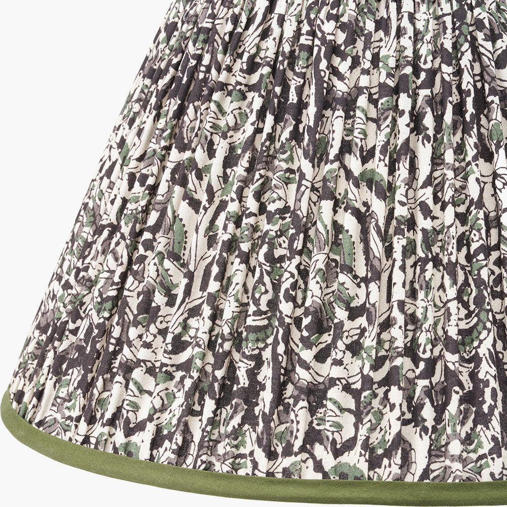 Kiah Natural Mango Wood Round Table Lamp Base with Ornella 45cm Green Floral Design Mushroom Pleat Empire Lamp Shade
