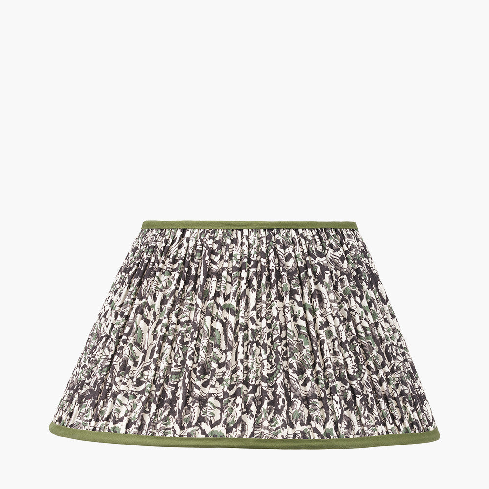 Kiah Natural Mango Wood Round Table Lamp Base with Ornella 45cm Green Floral Design Mushroom Pleat Empire Lamp Shade