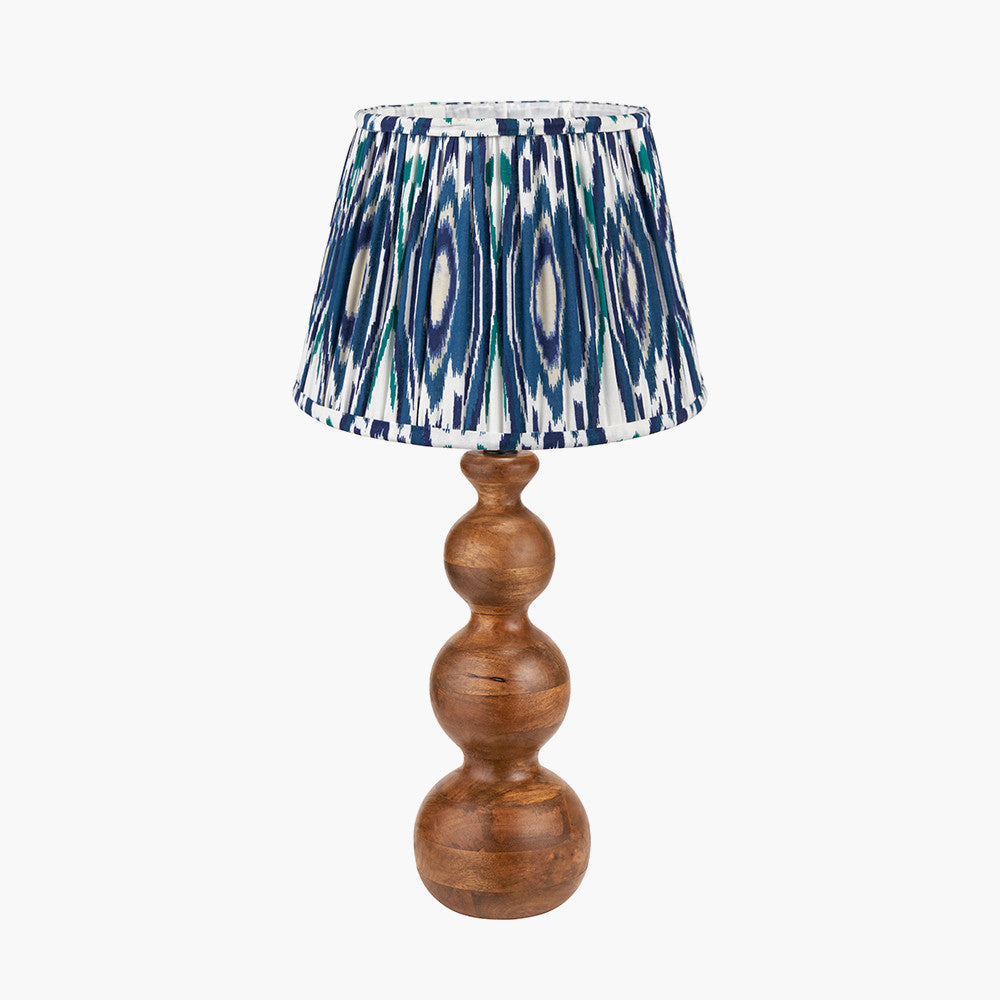 Nyari Brown Oiled Finish Mango Wood 3 Ball Design Table Lamp Base with Izara 40cm Ocean Blue Ikat Patterned Mushroom Pleat Tapered Lampshade