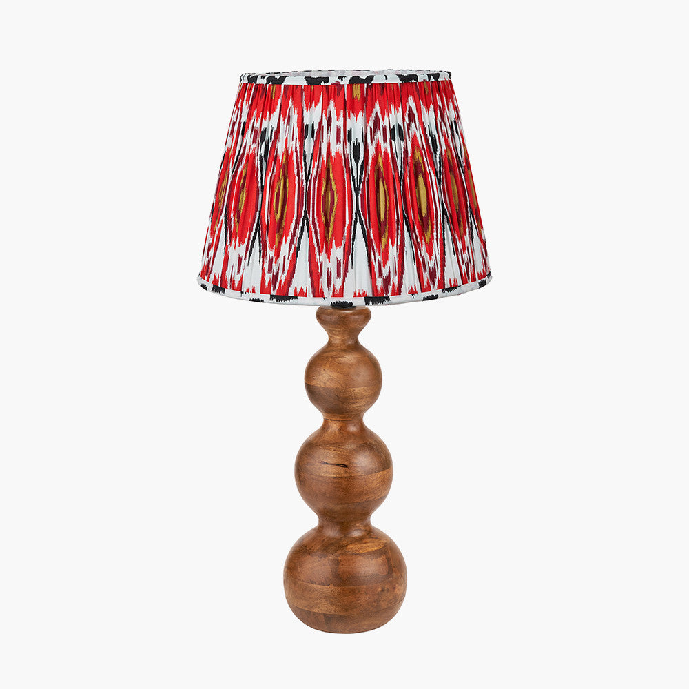 Nyari Brown Oiled Finish Mango Wood 3 Ball Design Table Lamp Base with Izara 40cm Red Ikat Patterned Mushroom Pleat Tapered Lampshade