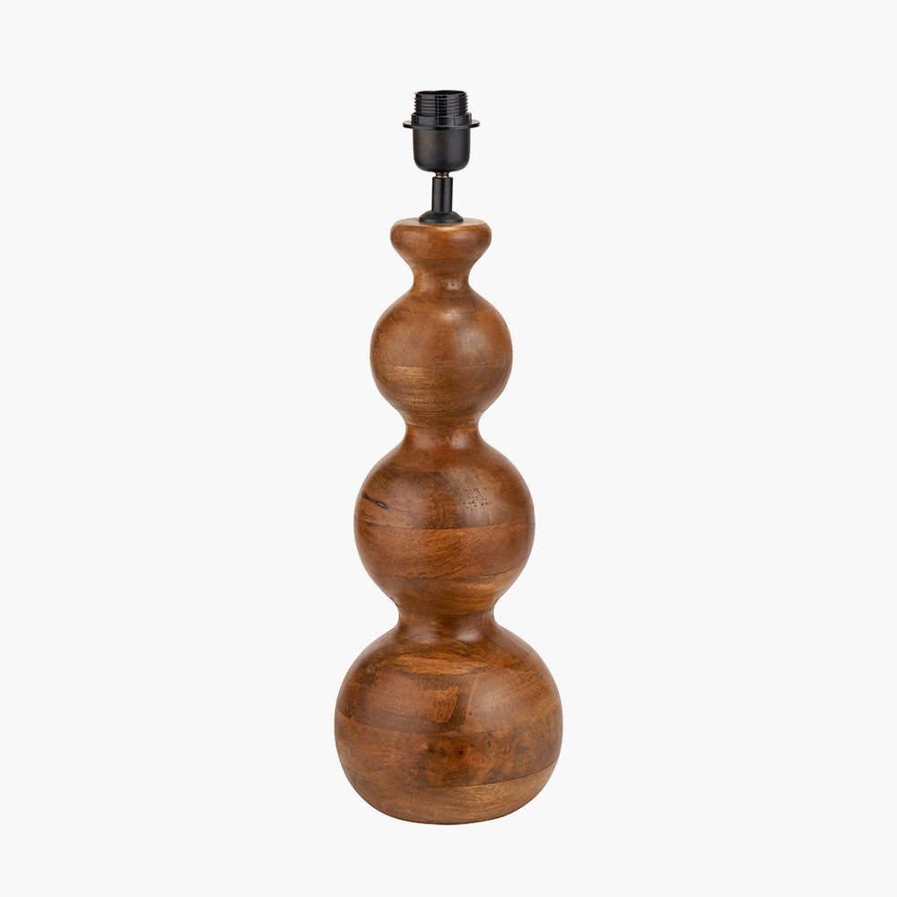 Nyari Brown Oiled Finish Mango Wood 3 Ball Design Table Lamp Base with Izara 40cm Racing Green Ikat Patterned Mushroom Pleat Tapered Lampshade