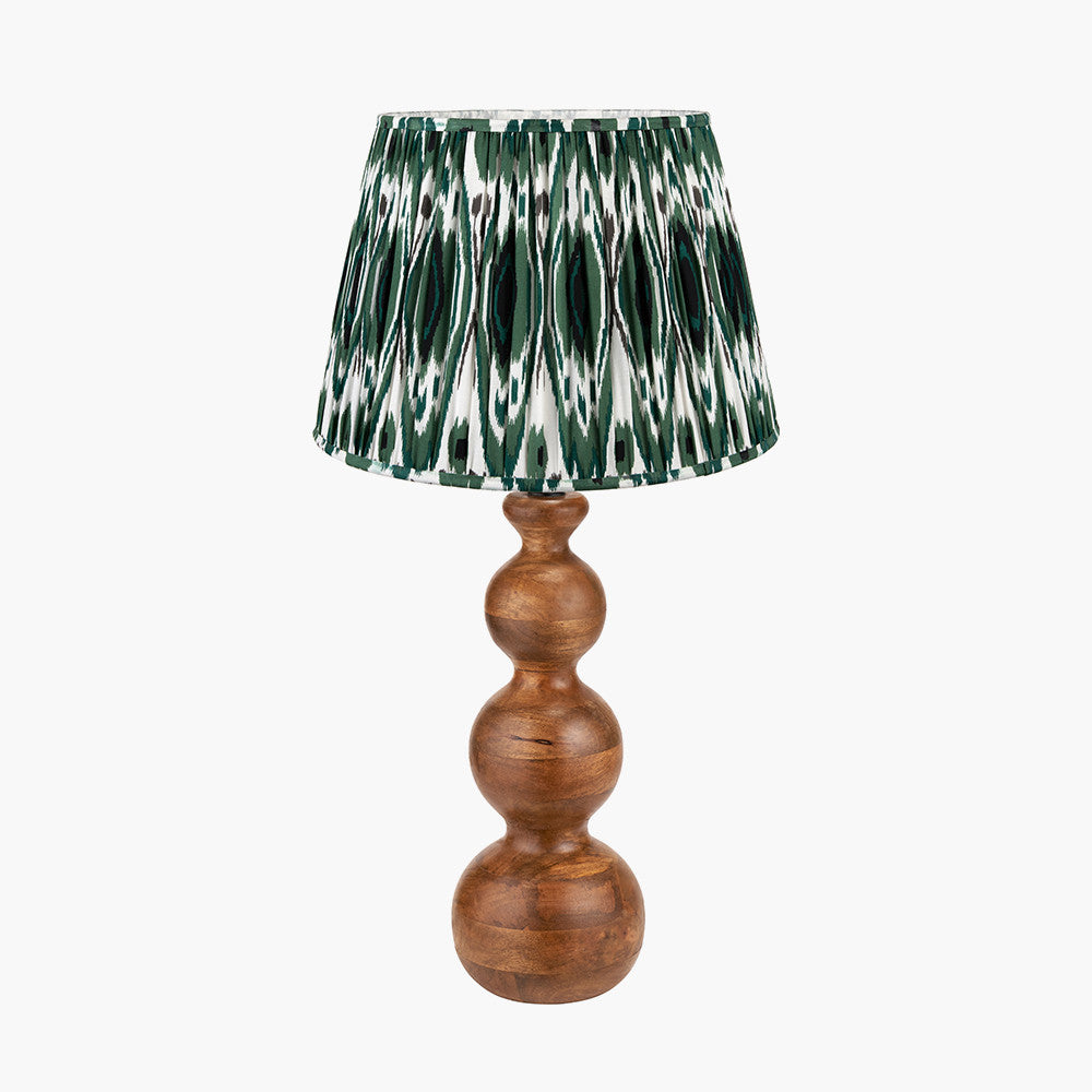 Nyari Brown Oiled Finish Mango Wood 3 Ball Design Table Lamp Base with Izara 40cm Racing Green Ikat Patterned Mushroom Pleat Tapered Lampshade