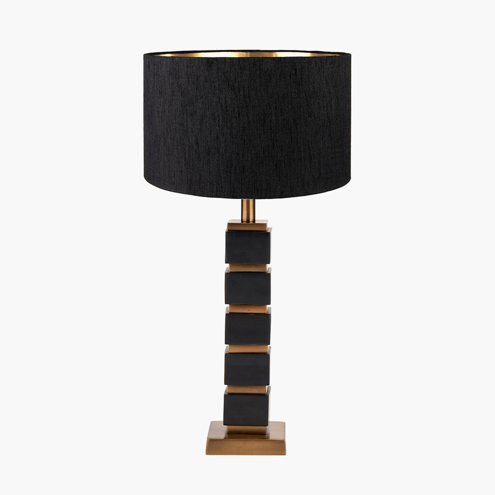 Maximo Matt Black and Antique Brass Cube Design Table Lamp Base with Stellan 35cm Black Slubbed Silk Mix Gold Lined Cylinder Lampshade