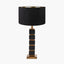 Maximo Matt Black and Antique Brass Cube Design Table Lamp Base with Stellan 35cm Black Slubbed Silk Mix Gold Lined Cylinder Lampshade