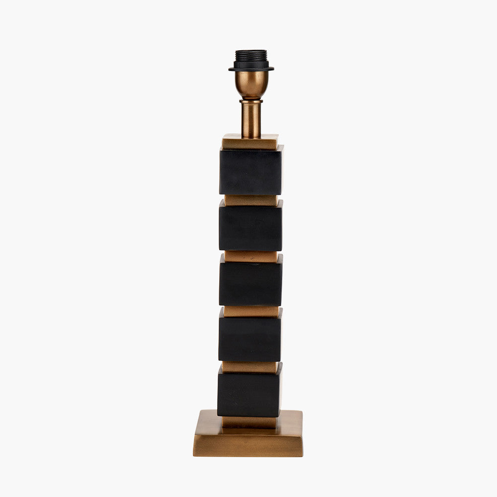 Maximo Matt Black and Antique Brass Cube Design Table Lamp Base with Stellan 35cm Black Slubbed Silk Mix Gold Lined Cylinder Lampshade