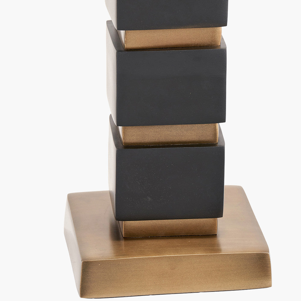 Maximo Matt Black and Antique Brass Cube Design Table Lamp Base with Stellan 35cm Black Slubbed Silk Mix Gold Lined Cylinder Lampshade