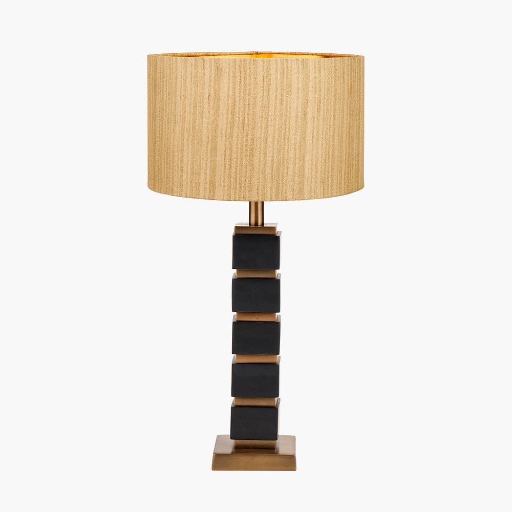 Maximo Matt Black and Antique Brass Cube Design Table Lamp Base with Stellan 35cm Gold Slubbed Silk Mix Gold Lined Cylinder Lampshade