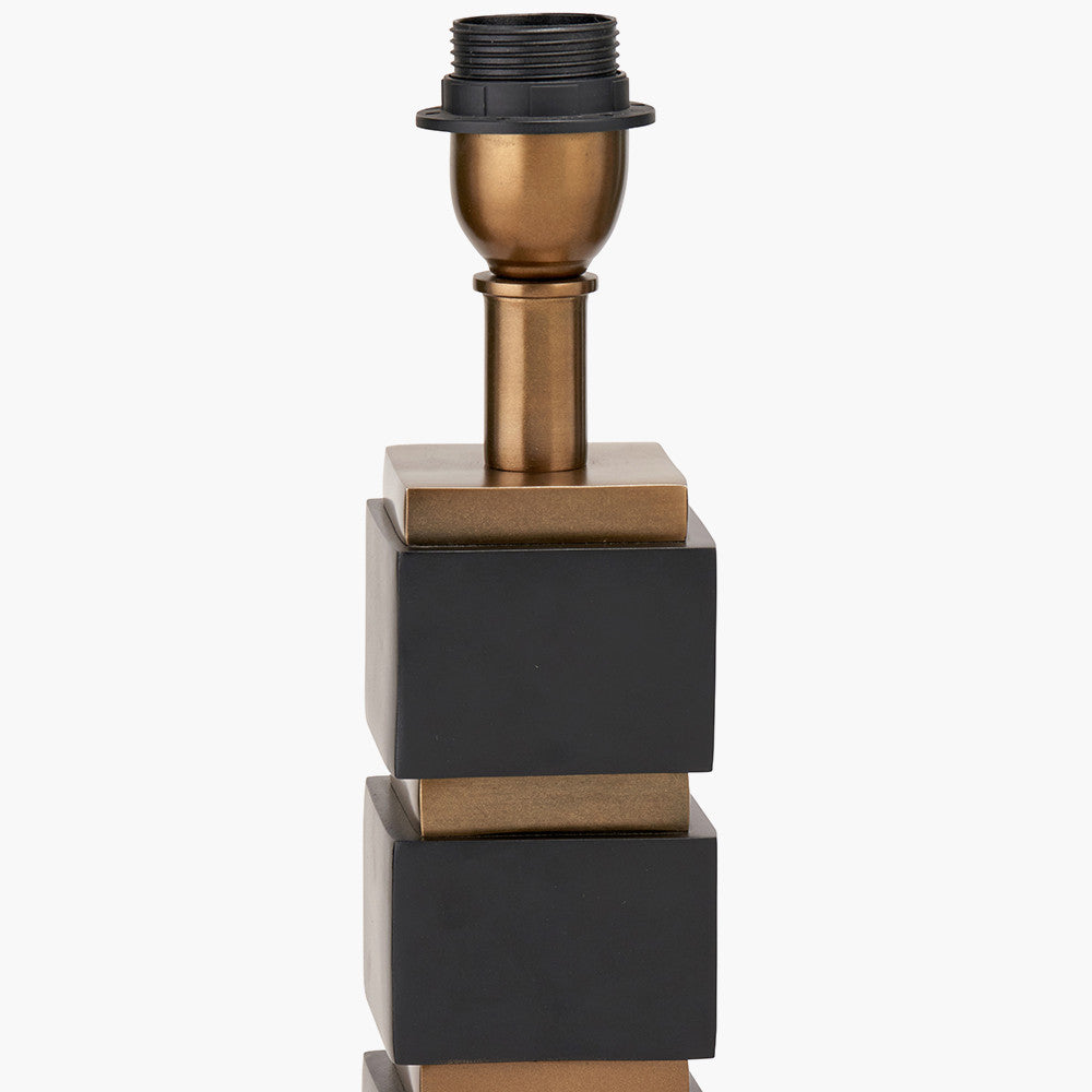 Maximo Matt Black and Antique Brass Cube Design Table Lamp Base with Stellan 35cm Gold Slubbed Silk Mix Gold Lined Cylinder Lampshade