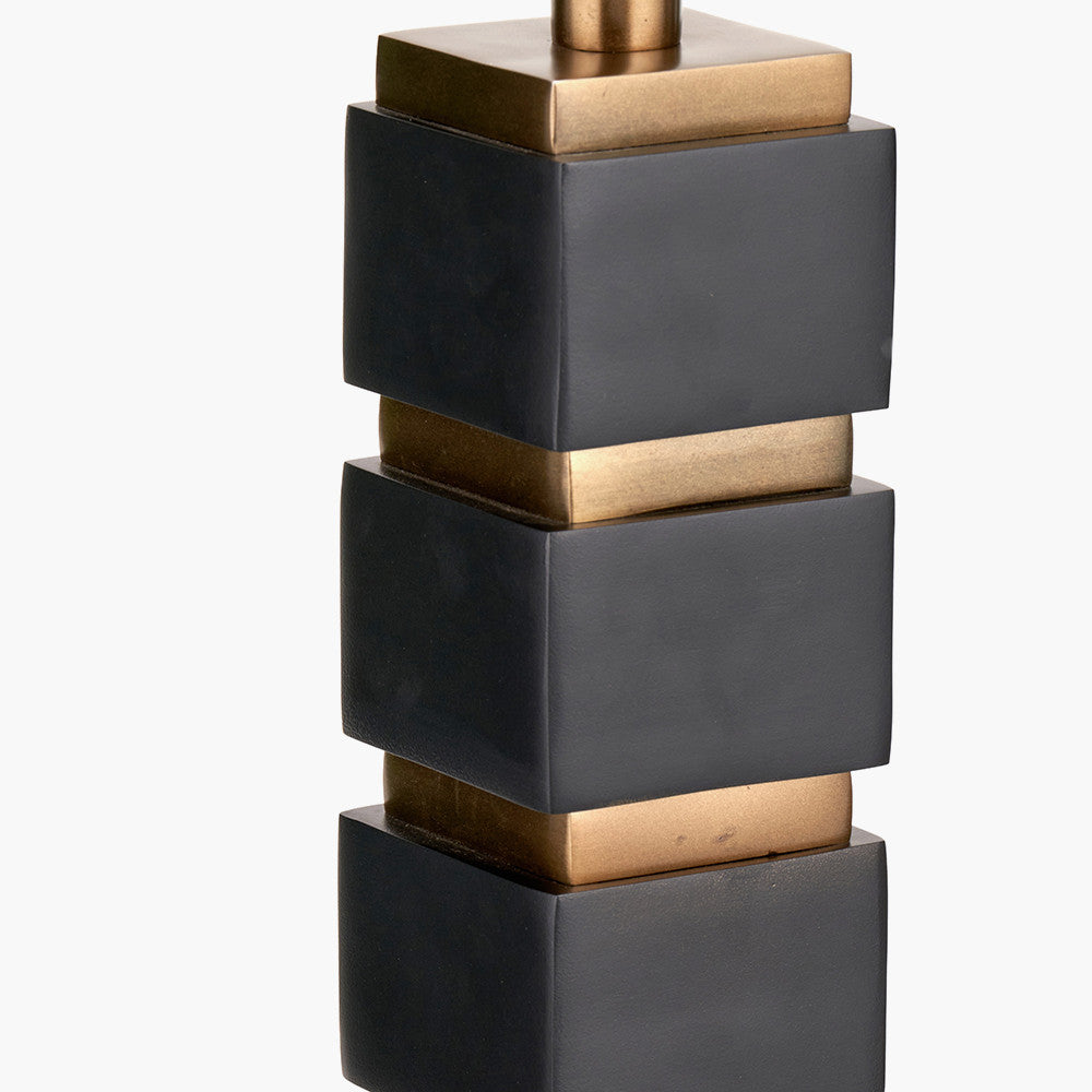 Maximo Matt Black and Antique Brass Cube Design Table Lamp Base with Stellan 35cm Gold Slubbed Silk Mix Gold Lined Cylinder Lampshade