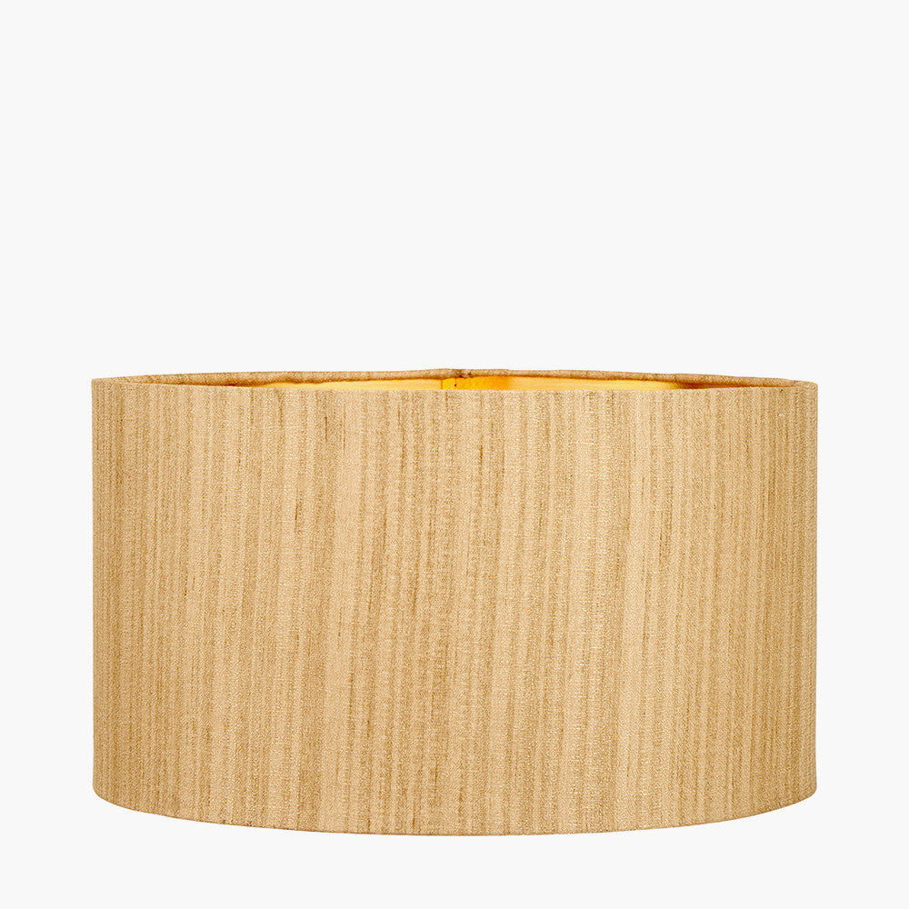 Maximo Matt Black and Antique Brass Cube Design Table Lamp Base with Stellan 35cm Gold Slubbed Silk Mix Gold Lined Cylinder Lampshade