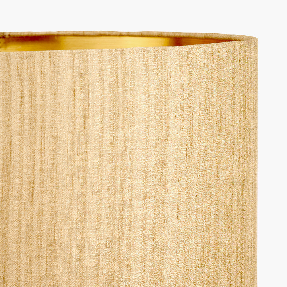 Maximo Matt Black and Antique Brass Cube Design Table Lamp Base with Stellan 35cm Gold Slubbed Silk Mix Gold Lined Cylinder Lampshade