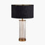 Ciara Clear Glass and Antique Brass Metal Table Lamp Base with Stellan 35cm Black Slubbed Silk Mix Gold Lined Cylinder Lampshade