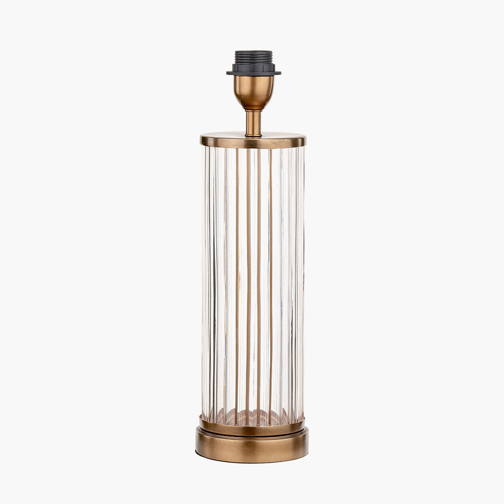 Ciara Clear Glass and Antique Brass Metal Table Lamp Base with Stellan 35cm Black Slubbed Silk Mix Gold Lined Cylinder Lampshade