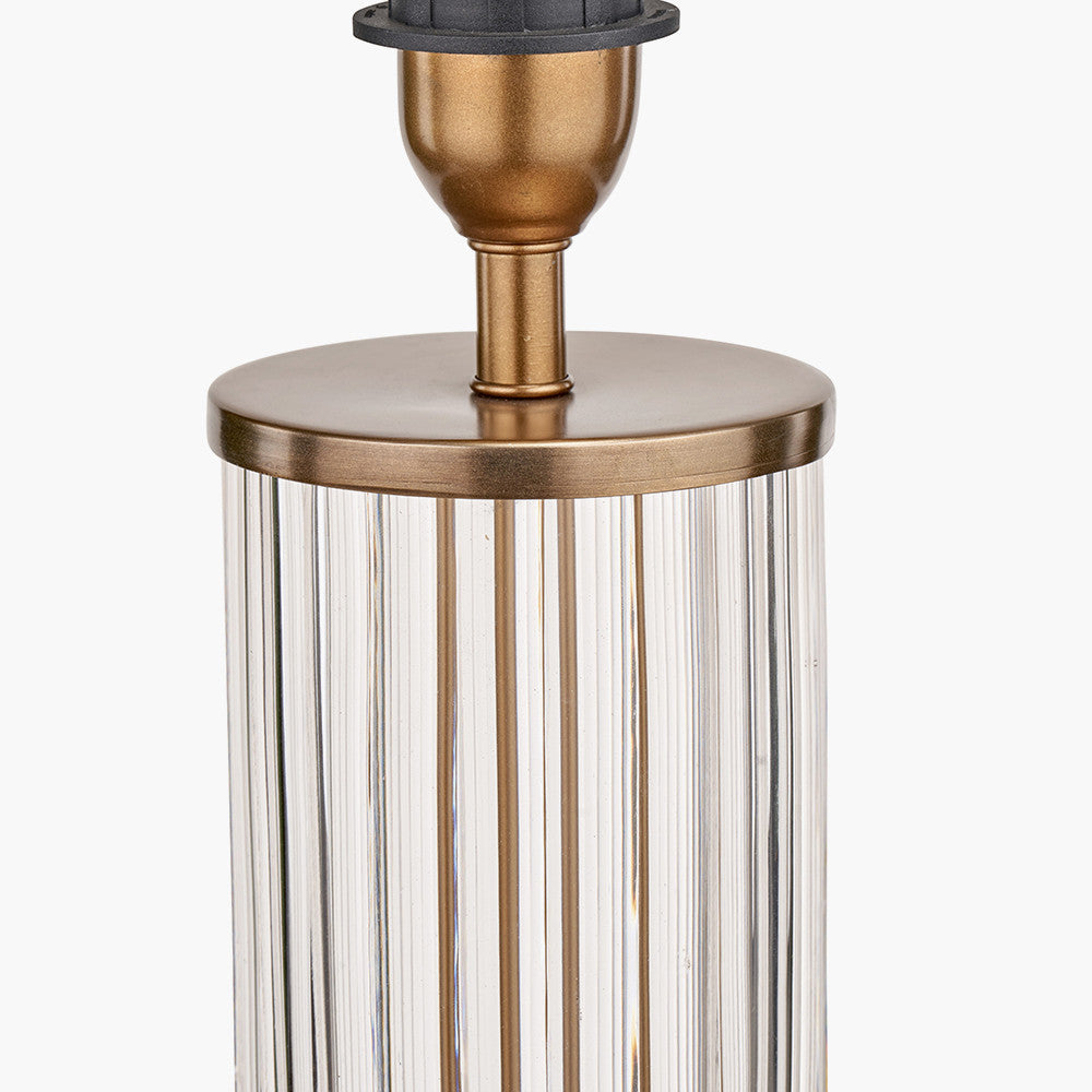 Ciara Clear Glass and Antique Brass Metal Table Lamp Base with Stellan 35cm Black Slubbed Silk Mix Gold Lined Cylinder Lampshade
