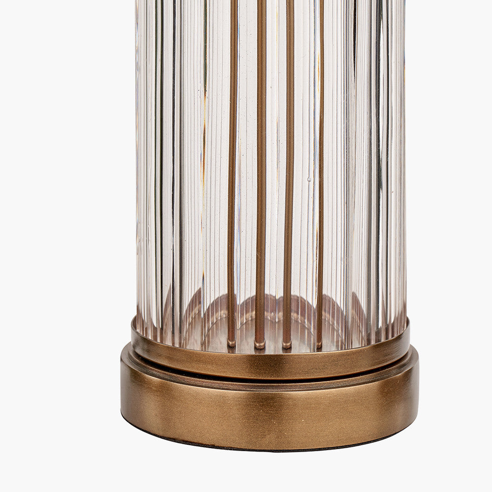 Ciara Clear Glass and Antique Brass Metal Table Lamp Base with Stellan 35cm Black Slubbed Silk Mix Gold Lined Cylinder Lampshade