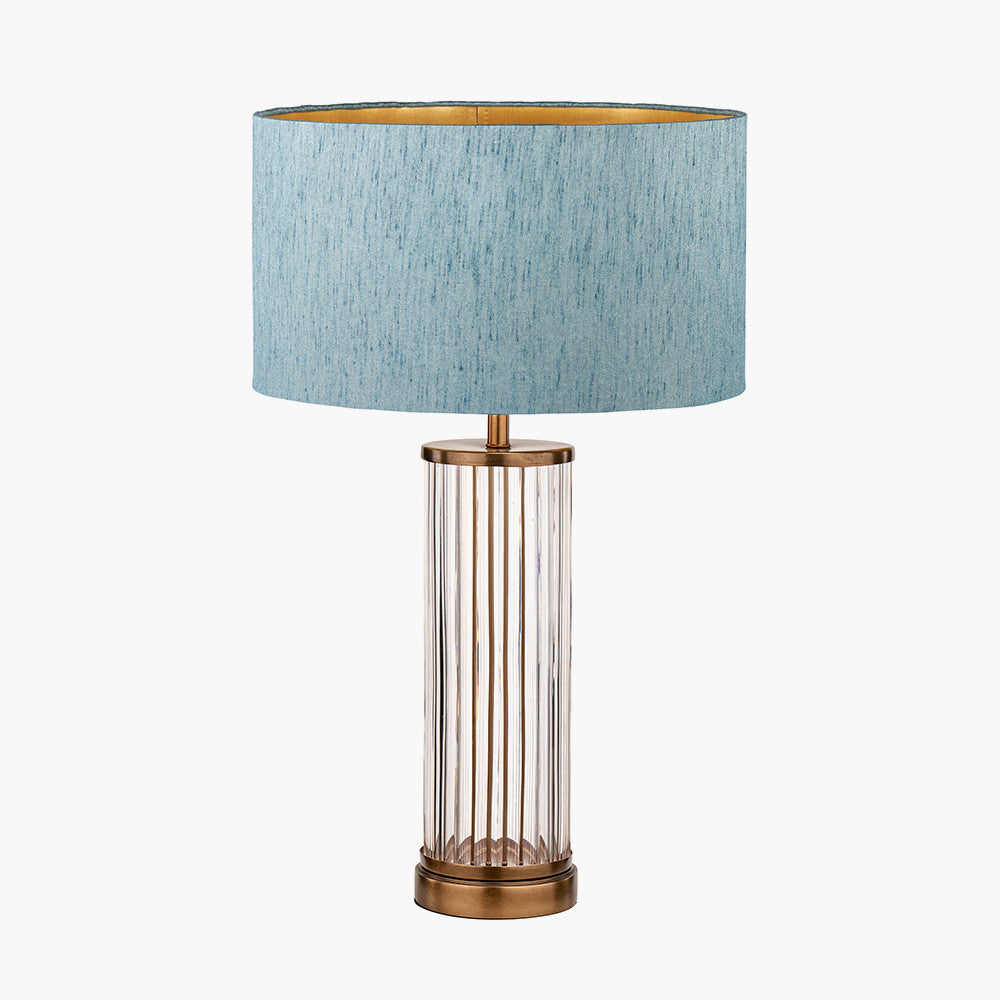 Ciara Clear Glass and Antique Brass Metal Table Lamp Base with Stellan 35cm Duck Egg Slubbed Silk Mix Gold Lined Cylinder Lampshade