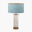 Ciara Clear Glass and Antique Brass Metal Table Lamp Base with Stellan 35cm Duck Egg Slubbed Silk Mix Gold Lined Cylinder Lampshade