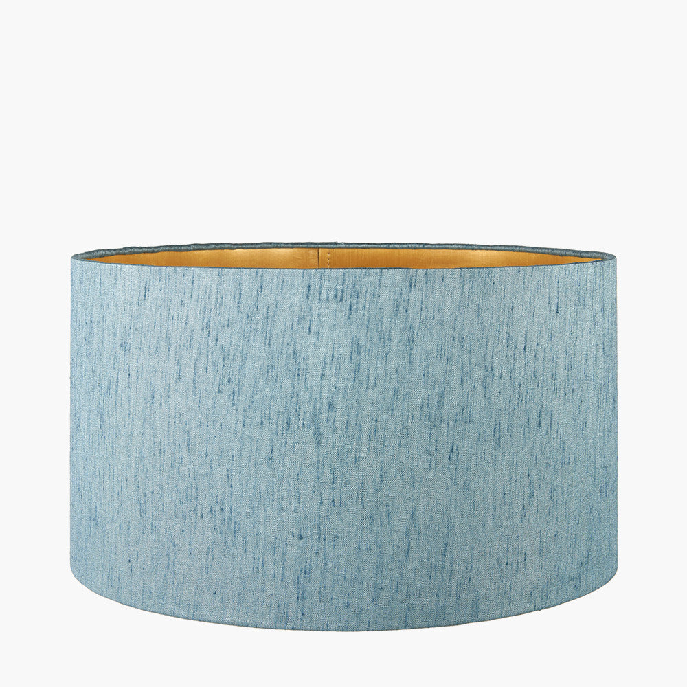 Ciara Clear Glass and Antique Brass Metal Table Lamp Base with Stellan 35cm Duck Egg Slubbed Silk Mix Gold Lined Cylinder Lampshade