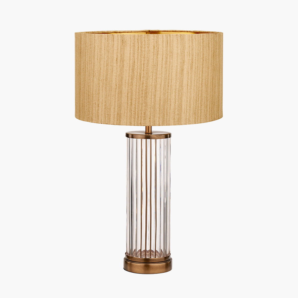 Ciara Clear Glass and Antique Brass Metal Table Lamp Base with Stellan 35cm Gold Slubbed Silk Mix Gold Lined Cylinder Lampshade