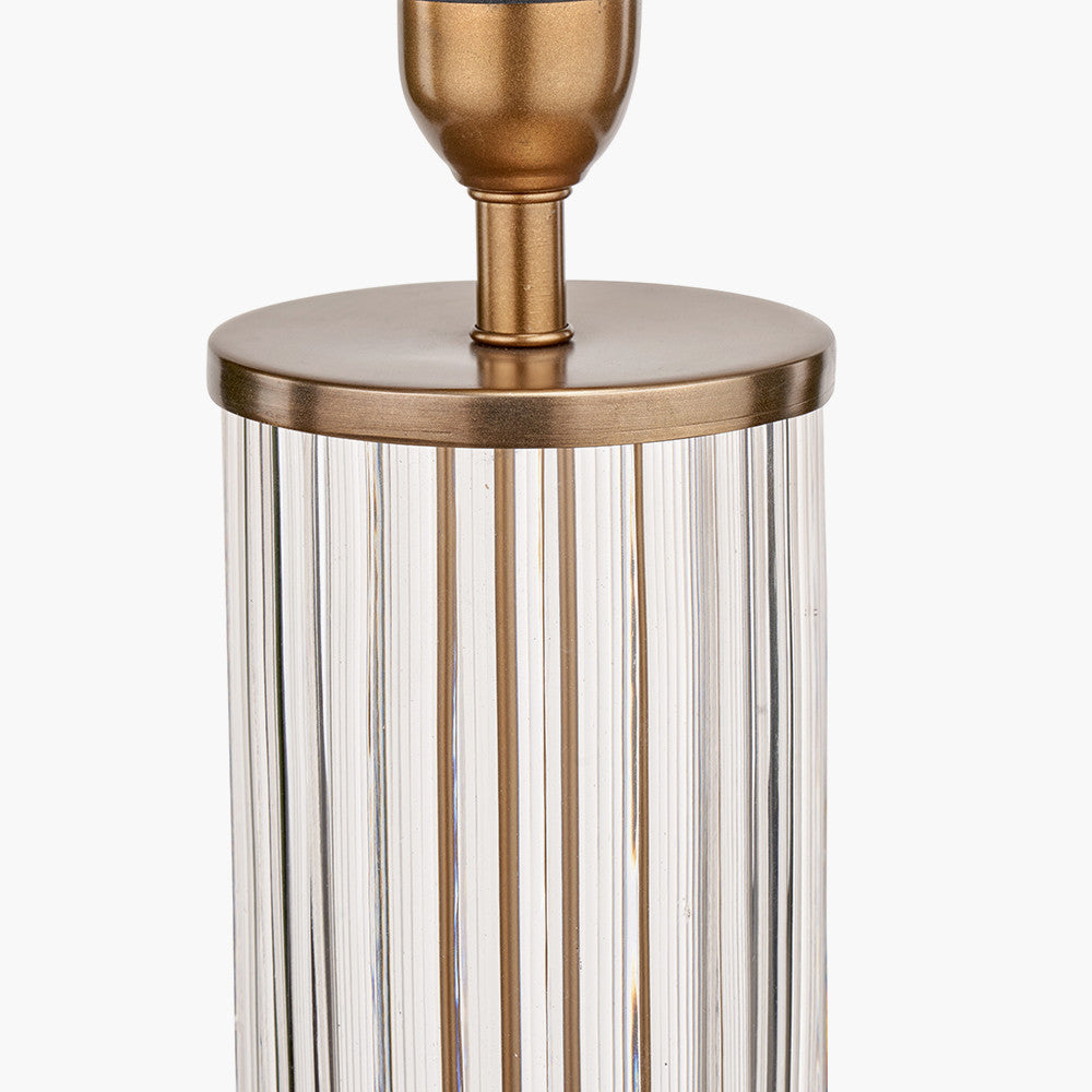 Ciara Clear Glass and Antique Brass Metal Table Lamp Base with Stellan 35cm Gold Slubbed Silk Mix Gold Lined Cylinder Lampshade