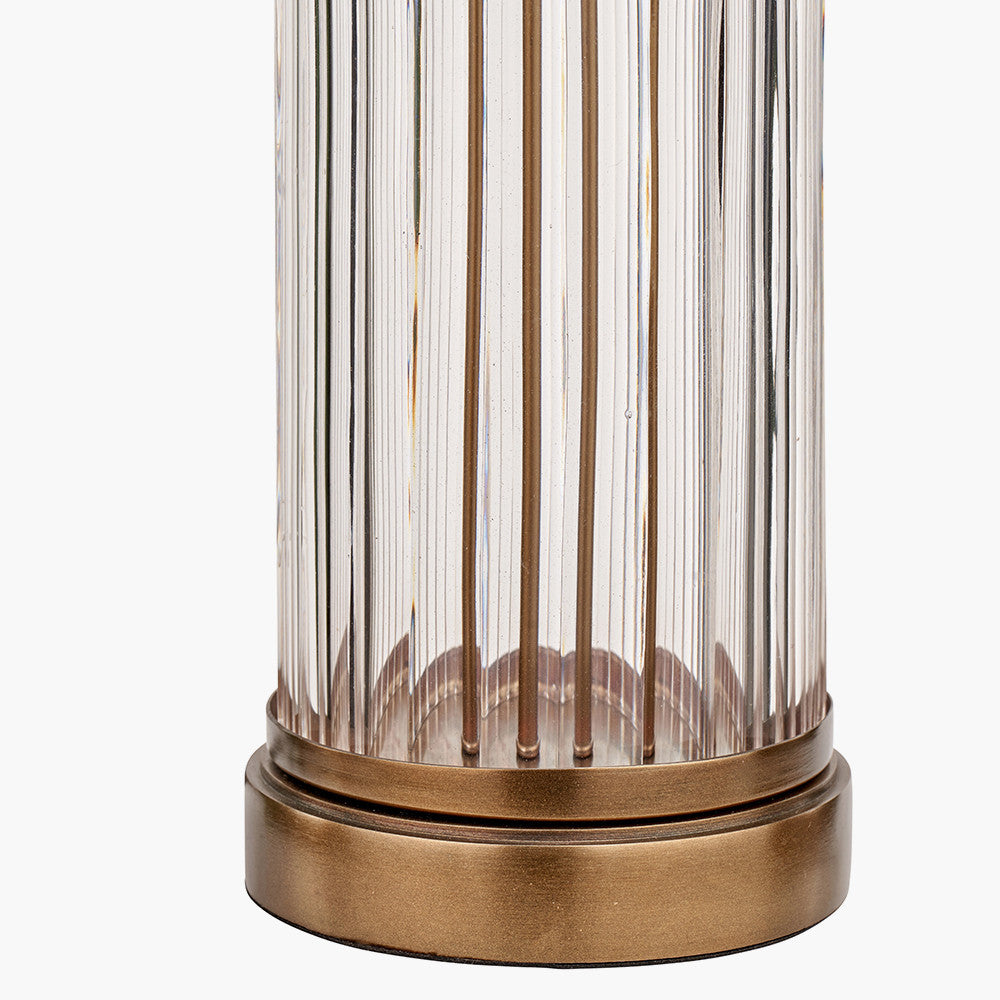 Ciara Clear Glass and Antique Brass Metal Table Lamp Base with Stellan 35cm Gold Slubbed Silk Mix Gold Lined Cylinder Lampshade