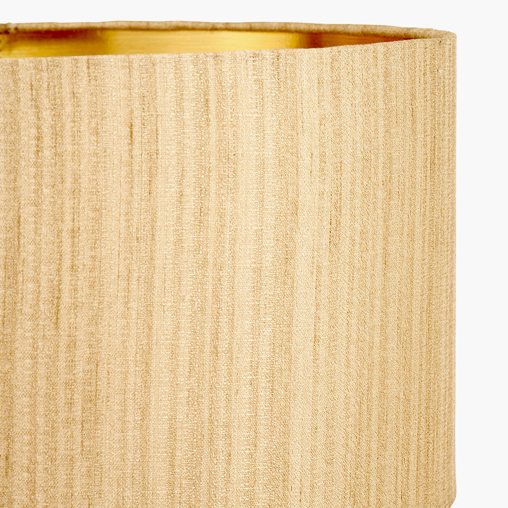 Ciara Clear Glass and Antique Brass Metal Table Lamp Base with Stellan 35cm Gold Slubbed Silk Mix Gold Lined Cylinder Lampshade