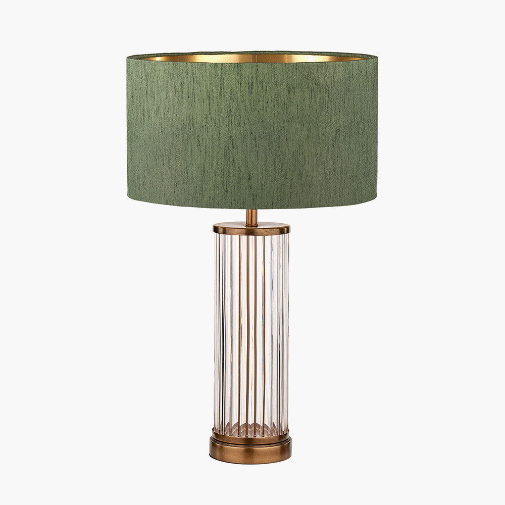 Ciara Clear Glass and Antique Brass Metal Table Lamp Base with Stellan 35cm Green Slubbed Silk Mix Gold Lined Cylinder Lampshade