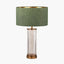 Ciara Clear Glass and Antique Brass Metal Table Lamp Base with Stellan 35cm Green Slubbed Silk Mix Gold Lined Cylinder Lampshade