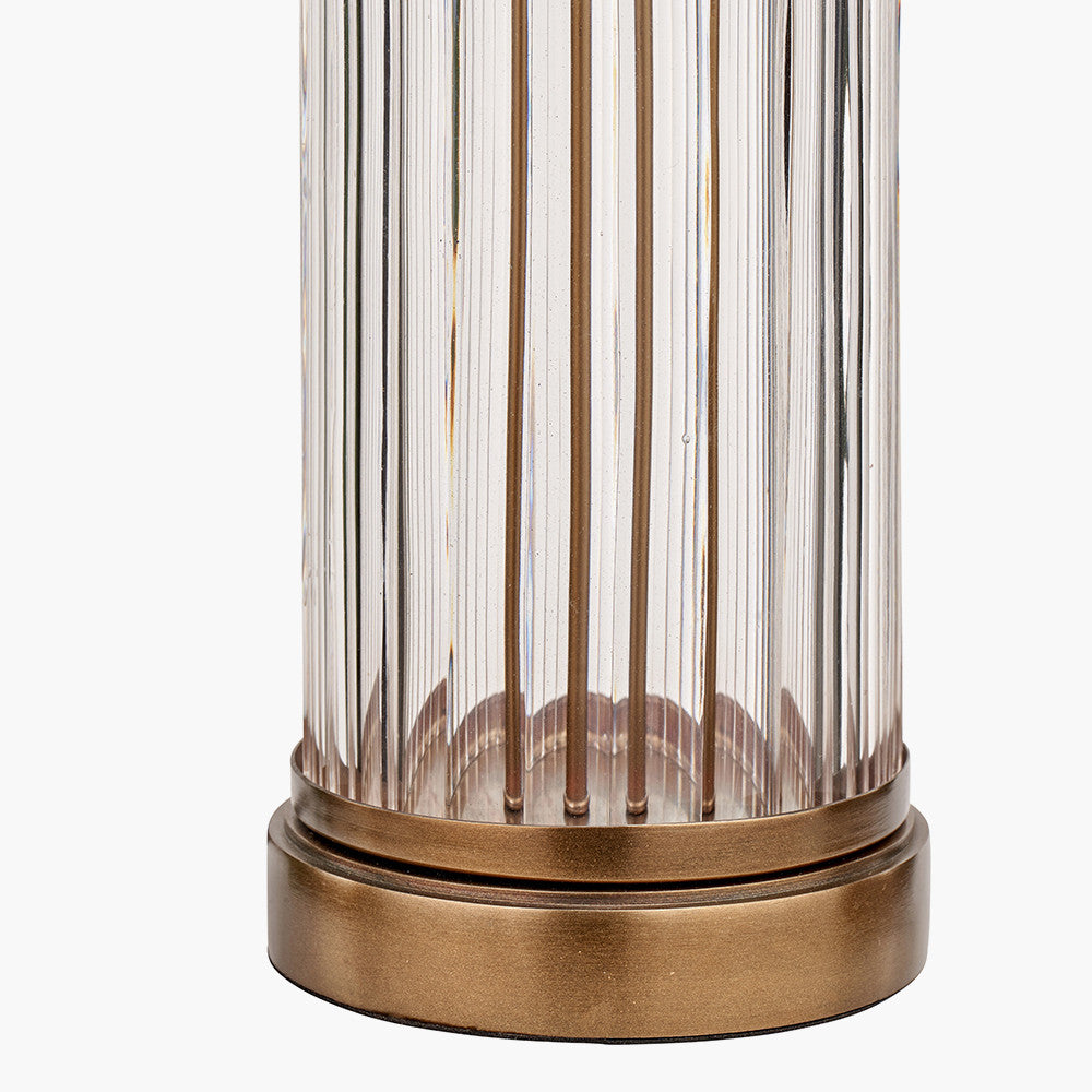 Ciara Clear Glass and Antique Brass Metal Table Lamp Base with Stellan 35cm Green Slubbed Silk Mix Gold Lined Cylinder Lampshade