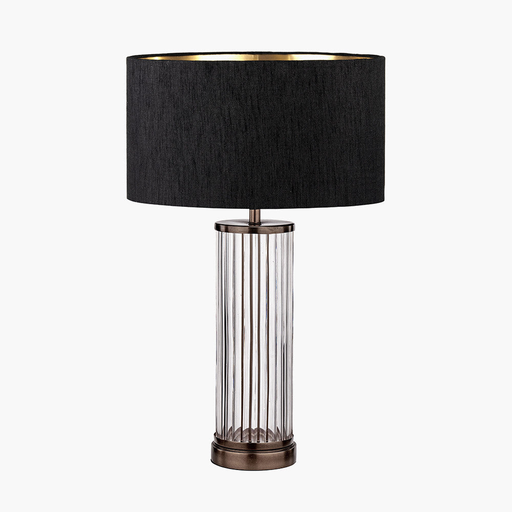 Ciara Clear Glass and Antique Bronze Metal Table Lamp Base with Stellan 35cm Black Slubbed Silk Mix Gold Lined Cylinder Lampshade