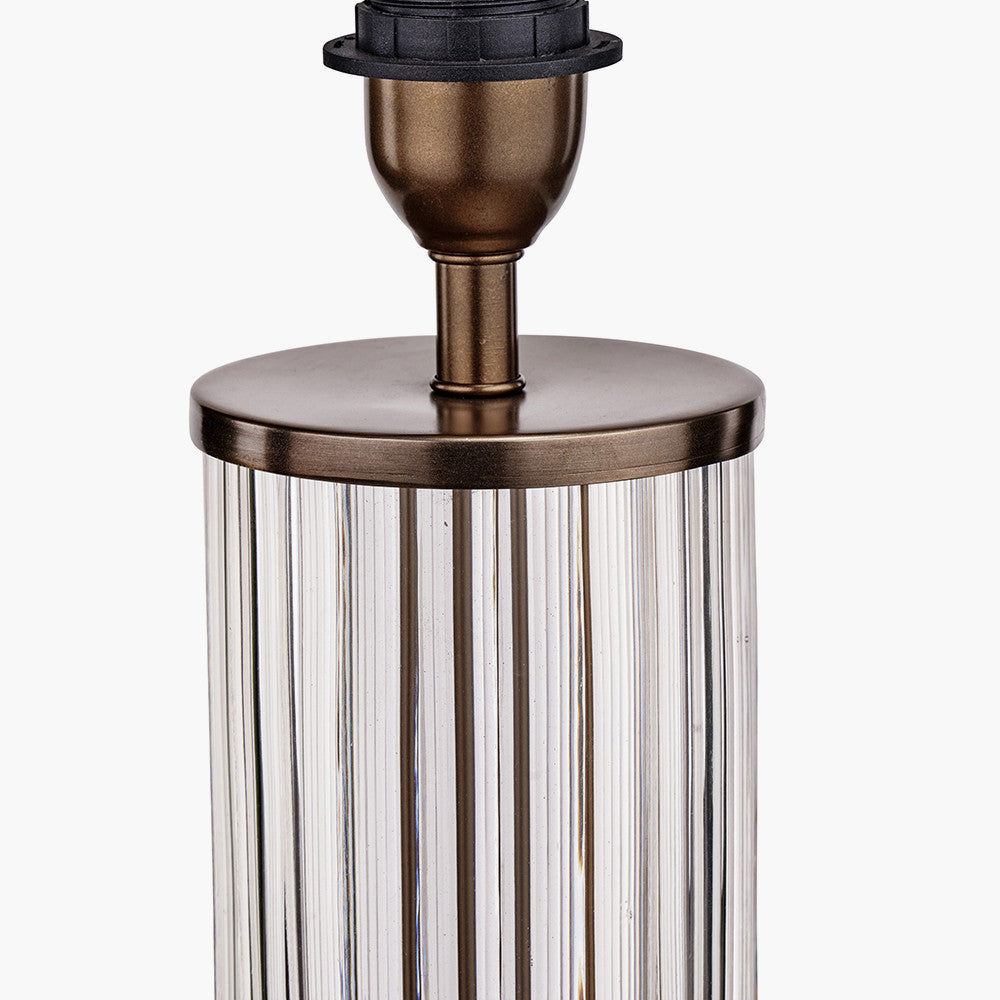 Ciara Clear Glass and Antique Bronze Metal Table Lamp Base with Stellan 35cm Black Slubbed Silk Mix Gold Lined Cylinder Lampshade