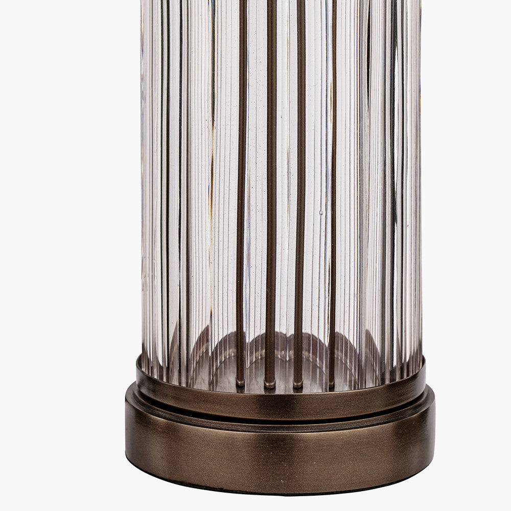 Ciara Clear Glass and Antique Bronze Metal Table Lamp Base with Stellan 35cm Black Slubbed Silk Mix Gold Lined Cylinder Lampshade