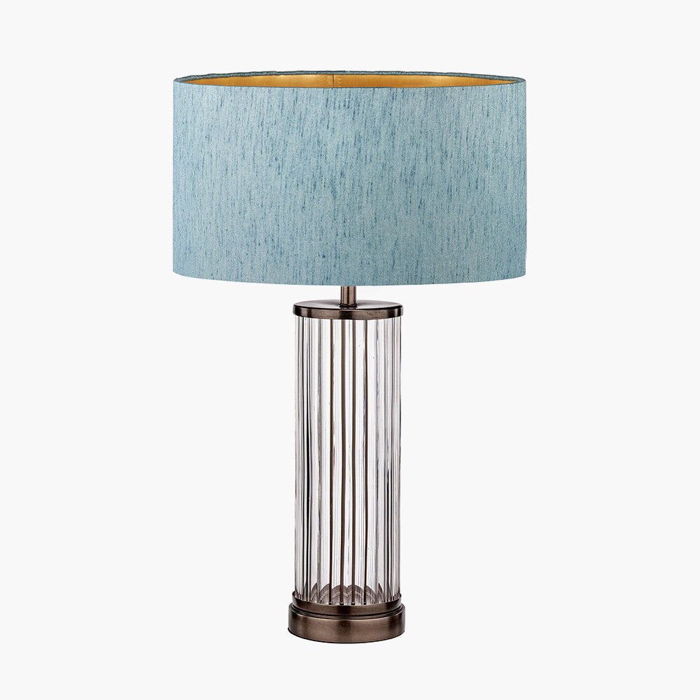 Ciara Clear Glass and Antique Bronze Metal Table Lamp Base with Stellan 35cm Duck Egg Slubbed Silk Mix Gold Lined Cylinder Lampshade