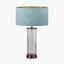 Ciara Clear Glass and Antique Bronze Metal Table Lamp Base with Stellan 35cm Duck Egg Slubbed Silk Mix Gold Lined Cylinder Lampshade