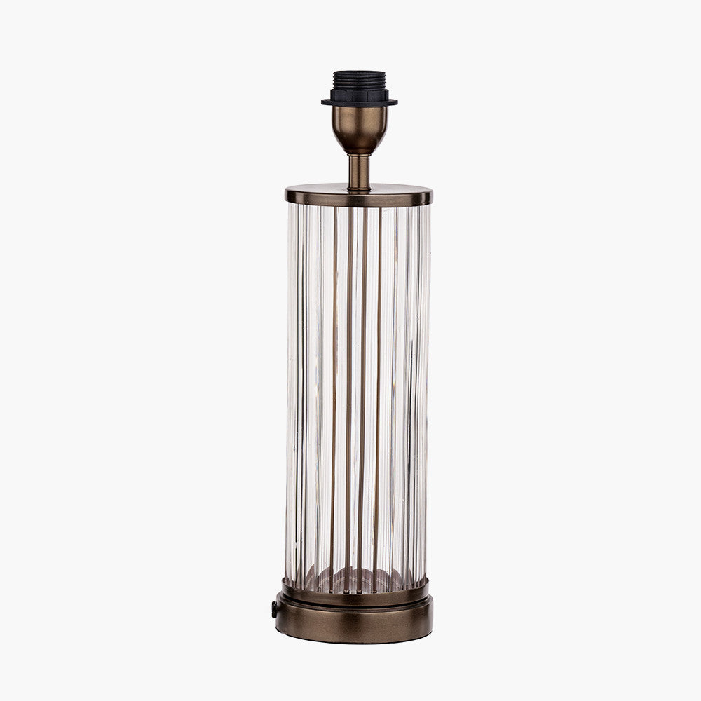 Ciara Clear Glass and Antique Bronze Metal Table Lamp Base with Stellan 35cm Duck Egg Slubbed Silk Mix Gold Lined Cylinder Lampshade