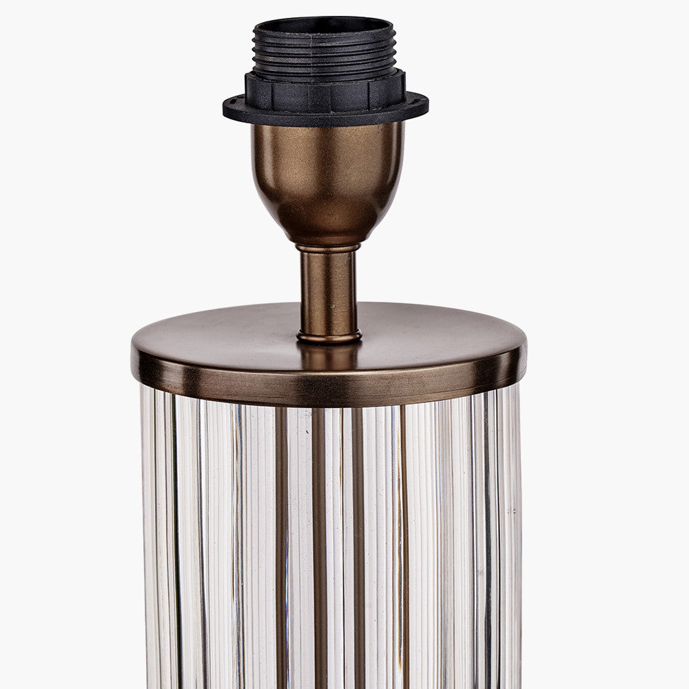 Ciara Clear Glass and Antique Bronze Metal Table Lamp Base with Stellan 35cm Duck Egg Slubbed Silk Mix Gold Lined Cylinder Lampshade