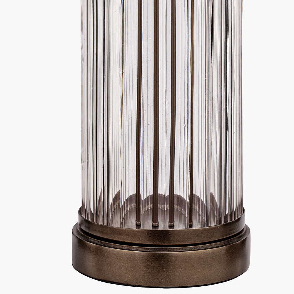 Ciara Clear Glass and Antique Bronze Metal Table Lamp Base with Stellan 35cm Duck Egg Slubbed Silk Mix Gold Lined Cylinder Lampshade