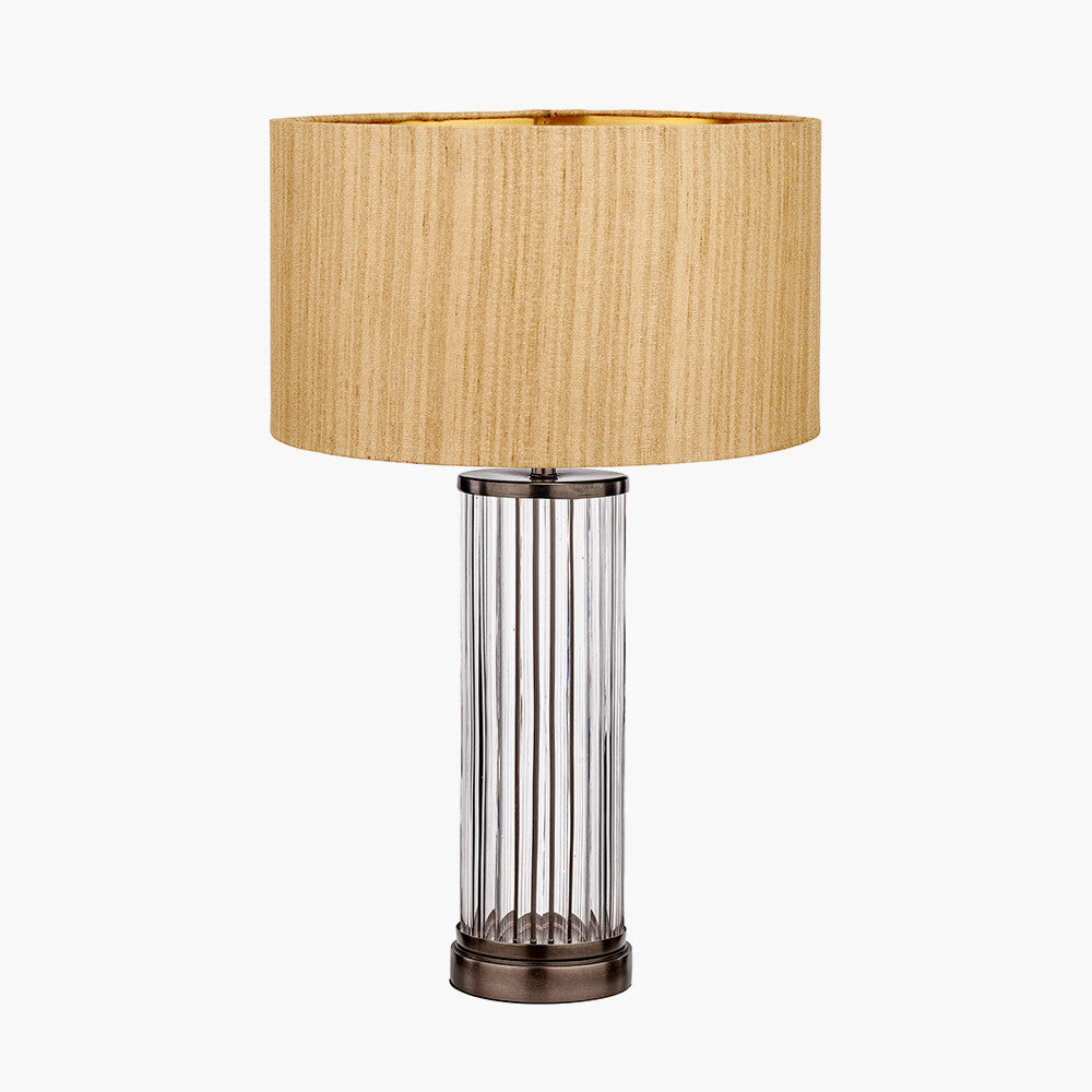 Ciara Clear Glass and Antique Bronze Metal Table Lamp Base with Stellan 35cm Gold Slubbed Silk Mix Gold Lined Cylinder Lampshade