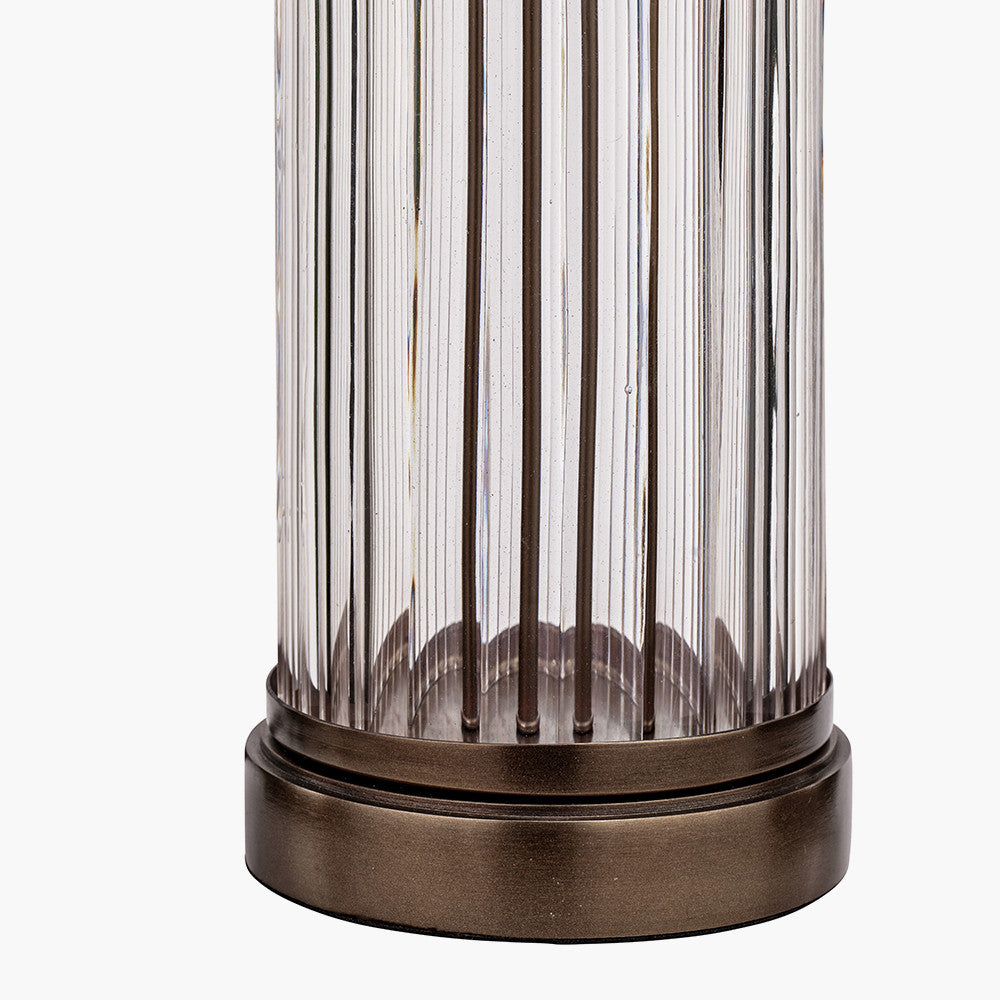 Ciara Clear Glass and Antique Bronze Metal Table Lamp Base with Stellan 35cm Gold Slubbed Silk Mix Gold Lined Cylinder Lampshade