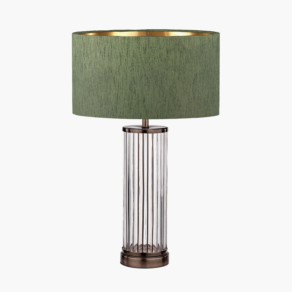Ciara Clear Glass and Antique Bronze Metal Table Lamp Base with Stellan 35cm Green Slubbed Silk Mix Gold Lined Cylinder Lampshade