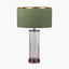 Ciara Clear Glass and Antique Bronze Metal Table Lamp Base with Stellan 35cm Green Slubbed Silk Mix Gold Lined Cylinder Lampshade
